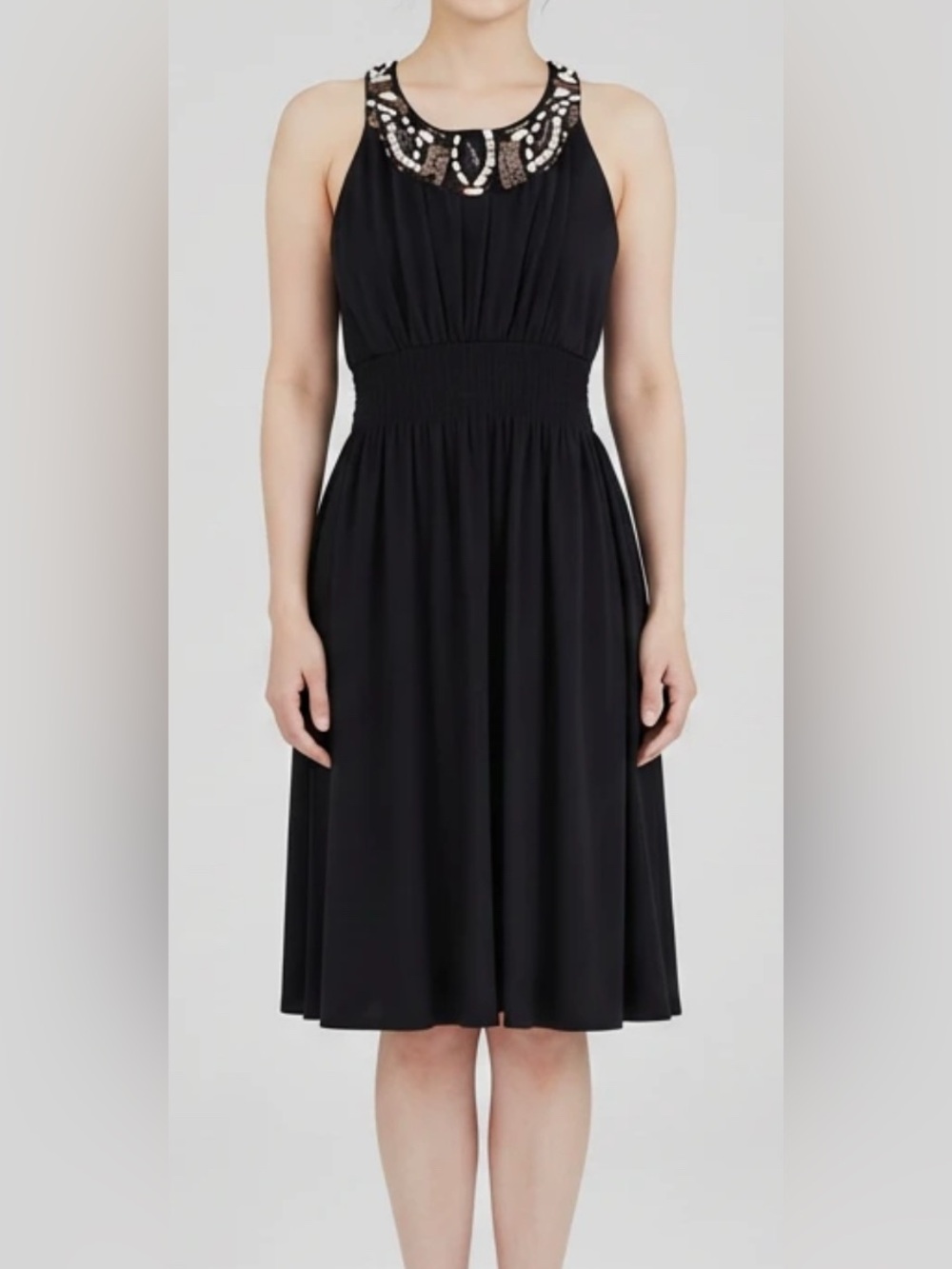 Elegant halter style A-line black cocktail party dress with detailed neckline